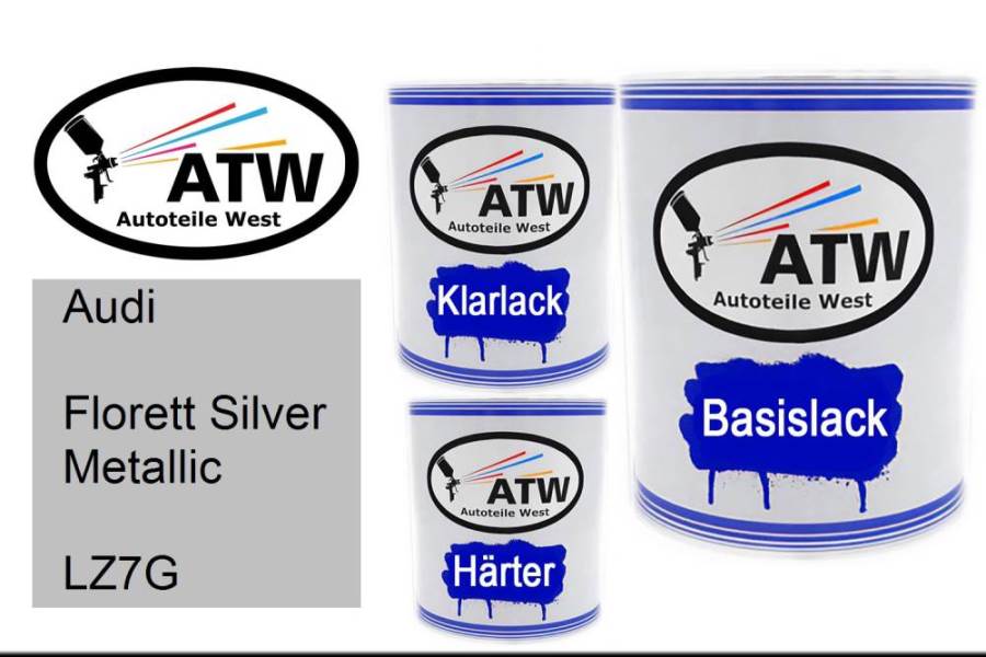 Audi, Florett Silver Metallic, LZ7G: 1L Lackdose + 1L Klarlack + 500ml Härter - Set, von ATW Autoteile West.